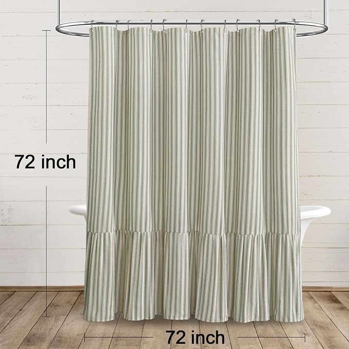 Farmhouse Shower Curtain Ruffle Linen Cream-Green Stripe 72"W x 72"L | Farmhouse Boho, Striped, Bottom Ruffle, Linen Fabric, Rustic, Country, Natural Look, Washable, for Bathroom Bathtub