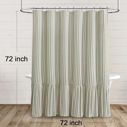 Farmhouse Shower Curtain Ruffle Linen Cream-Green Stripe 72"W x 72"L | Farmhouse Boho, Striped, Bottom Ruffle, Linen Fabric, Rustic, Country, Natural Look, Washable, for Bathroom Bathtub