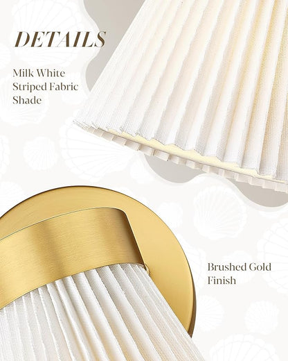 Fabric Bathroom Light Fixture, HWH 1-Light Sconce Wall Lighting with Milk White Striped Fabric Shade, Brushed Gold Finish, Modern Vanity Lights for Bathroom Bedroom, 5HZG97B BG-FB