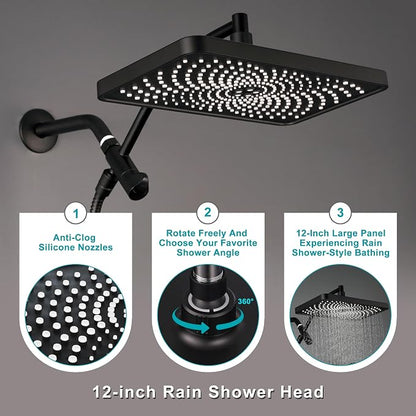 Rain Shower Heads with Handheld Spray Combo,12In Fixed Showerhead&8-Mode Handheld Shower Head with 79 Inches Extra-long Stainless Steel Hose (Black)