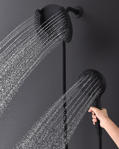 2 in 1 Shower Head with Handheld Combo High Pressure Black 2.5 GPM | 7.2" Rain Showerhead and 9 Spray Hand Held Shower, Adjustable Shower Angle, 59-inch Rotatable Stainless Steel Hose