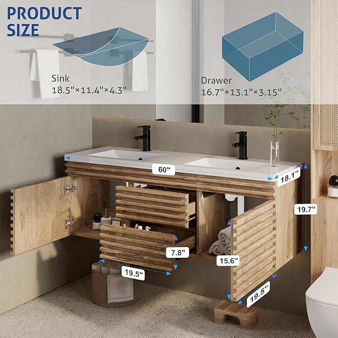 eclife 60" Floating Bathroom Vanity with Sink Combo Mid-Century Wall Mounted Cabinet with Wood Stripes Decor, Drawers, Undermount Double Sink, Faucet, Drain, Light Walnut