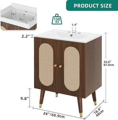 DWVO 24 Inch Rattan Vanity with Sink, Small Freestanding Bathroom Vanity Cabinet, Boho Style with 2 Large Soft-Closing Doors & Four-Sided Water Barrier Strip, Walnut