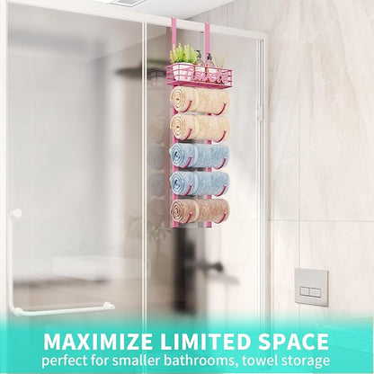 HapiRm Towel Racks for Bathroom Storage - 6 Tier Over The Door & Wall Mount Rolled Towel Storage Organizer Holder with Metal Shelf Basket for Small Bathroom, Camper, Rv - Pink, Patented