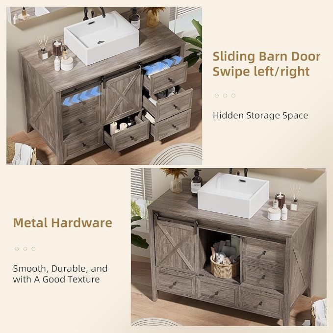 VNN Bathroom Vanity with Sink - 48 Inch Bathroom Vanity with Sink Ceramic, Freestanding Cabinet with Farmhouse Sliding Barn Door and 7 Drawers, Space-Saving Storage Cabinet, Wood Grain Texture, Grey