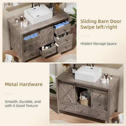 VNN Bathroom Vanity with Sink - 48 Inch Bathroom Vanity with Sink Ceramic, Freestanding Cabinet with Farmhouse Sliding Barn Door and 7 Drawers, Space-Saving Storage Cabinet, Wood Grain Texture, Grey