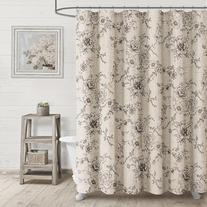 Farmhouse Floral Linen Shower Curtain, Vintage Brown Pattern Rustic Shower Curtains for Bathroom, Tan Taupe,72x72