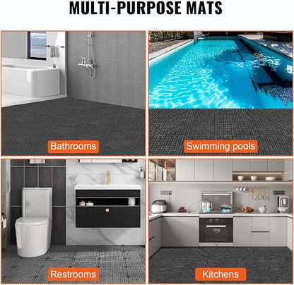 VEVOR Interlocking Tile 50PCS Black, Drainage Tiles 12" x 12" Splicing, Soft PVC Interlocking Drainage Floor Tiles, Non-Slip Drainage Holes for Restroom, Bathroom, Kitchen, Pool, Wet Areas