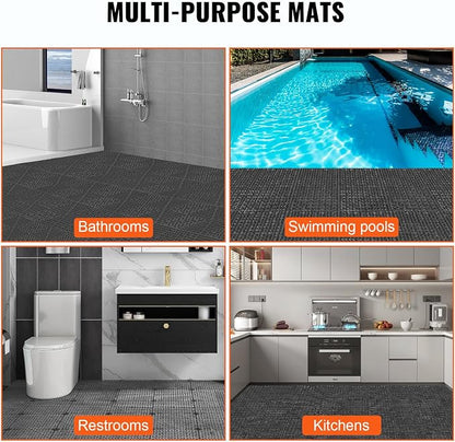 VEVOR Interlocking Tile 55PCS Black, Drainage Tiles 12" x 12" Splicing, Soft PVC Interlocking Drainage Floor Tiles, Non-Slip Drainage Holes for Restroom, Bathroom, Kitchen, Pool, Wet Areas | for Restroom Bathroom Kitchen Swimming Pools Wet Areas, 0.6-I...