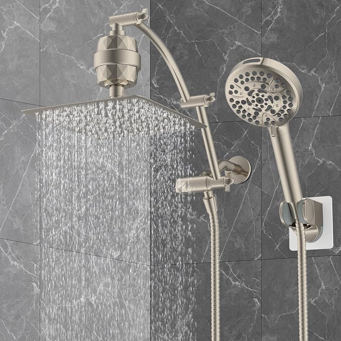 Hibbent 10" Dual Filtered Shower Head, 10-spray Handheld, Brushed Nickel | All Metal High Pressure Rainfall Shower Head Combo with Filter, 16" Extension Arm, 3-way Diverter, 71" Hose & Shower Holder