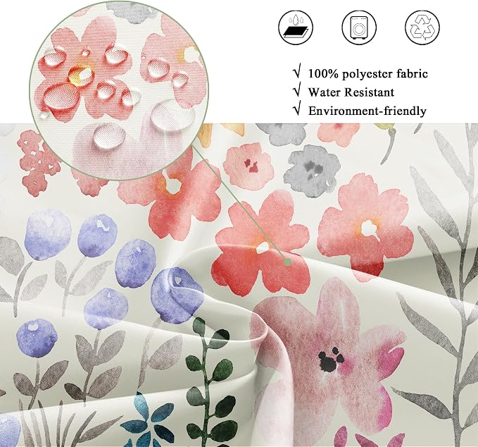 Narrow Small Stall Floral Flower Cute Colorful Bathroom Shower Curtain Set | 54"W x 78"H Plants Botanical; waterproof HD print, quick-dry fabric with 12 hooks for easy hanging.