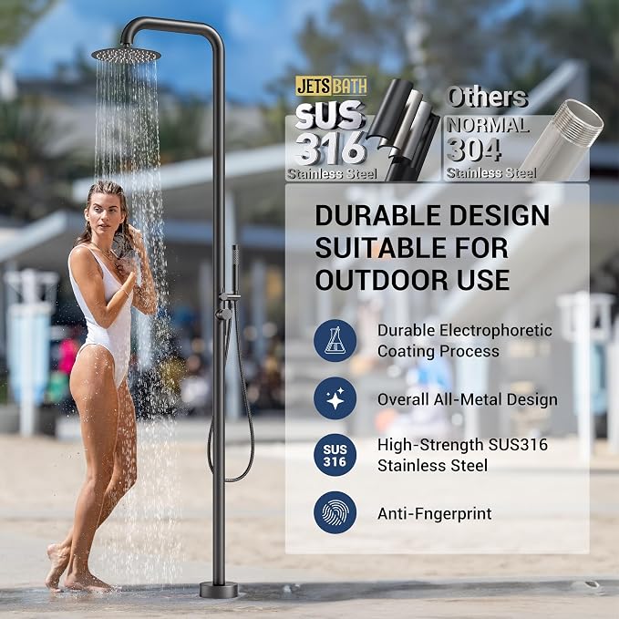 Freestanding Outdoor Shower Faucet Set, 316 Marine Grade Stainless Steel Outside Shower System for Backyard/Garden/Poolside/Beach,Outside Shower Faucet with Rain Shower Head & Handheld,Matte Black