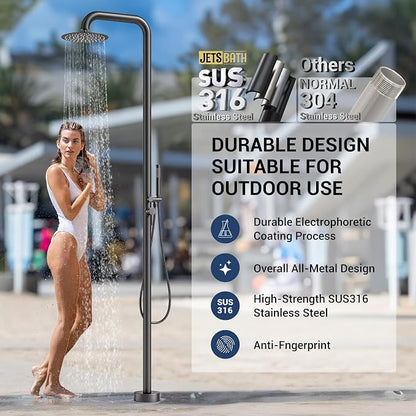 Freestanding Outdoor Shower Faucet Set, 316 Marine Grade Stainless Steel Outside Shower System for Backyard/Garden/Poolside/Beach,Outside Shower Faucet with Rain Shower Head & Handheld,Matte Black