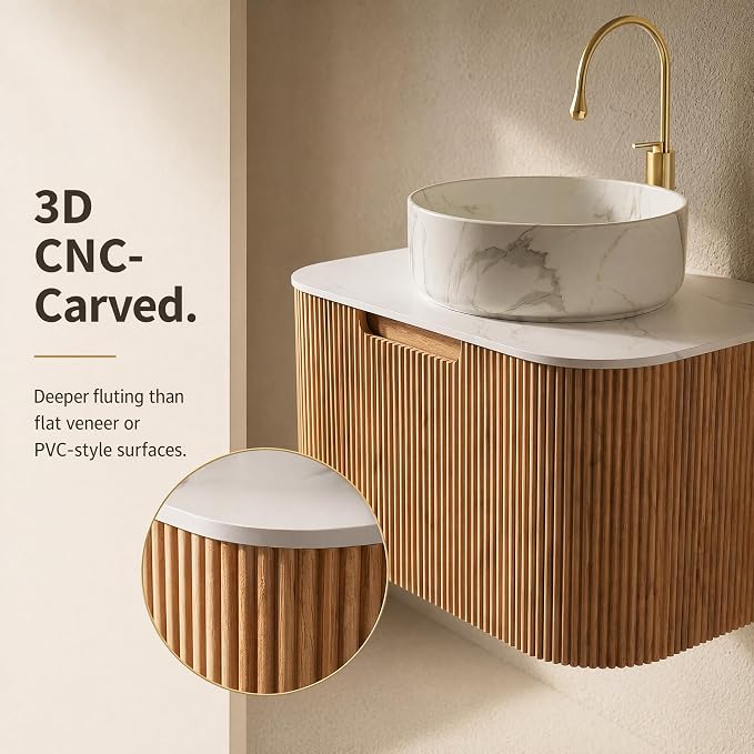 24 Inch Bathroom Vanity with Sink, Floating Wall Mounted Single Sink Vanity for Small Baths, Natural Woodgrain Curved Fluted Front, Stone Top, Marble-Look Round Vessel Basin, Pre-Assembled
