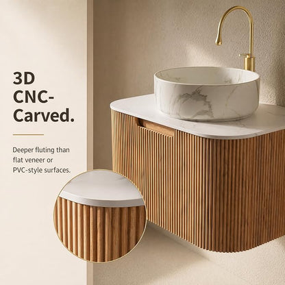 24 Inch Bathroom Vanity with Sink, Floating Wall Mounted Single Sink Vanity for Small Baths, Natural Woodgrain Curved Fluted Front, Stone Top, Marble-Look Round Vessel Basin, Pre-Assembled