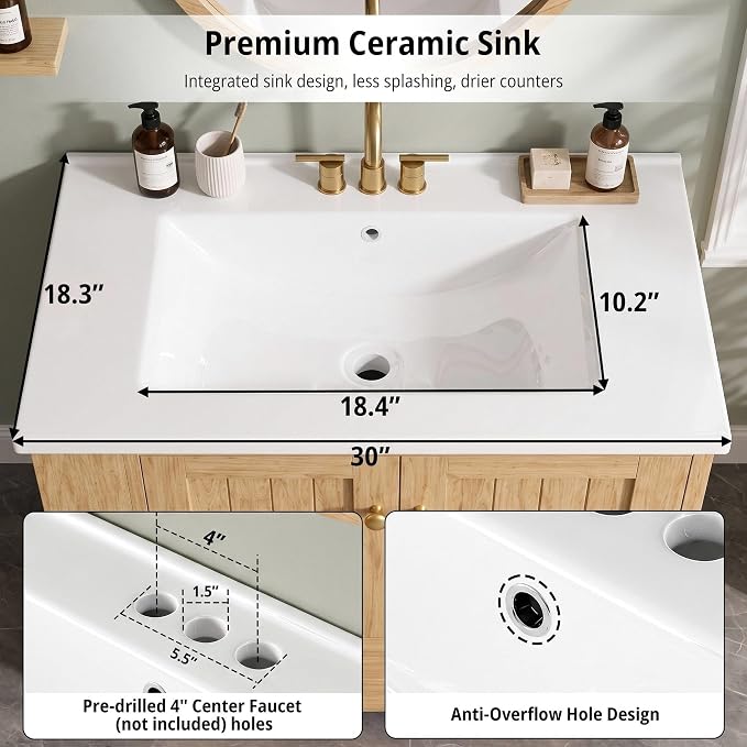 IRONCK Bathroom Vanity with Ceramic Sink, 30" Bathroom Cabinet, Natural | Features a Ceramic Sink, 3 Doors, 1 Drawer and Flexible Side Storage for Organized Bathroom Storage