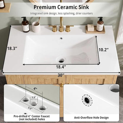 IRONCK Bathroom Vanity with Ceramic Sink, 30" Bathroom Cabinet, Natural | Features a Ceramic Sink, 3 Doors, 1 Drawer and Flexible Side Storage for Organized Bathroom Storage