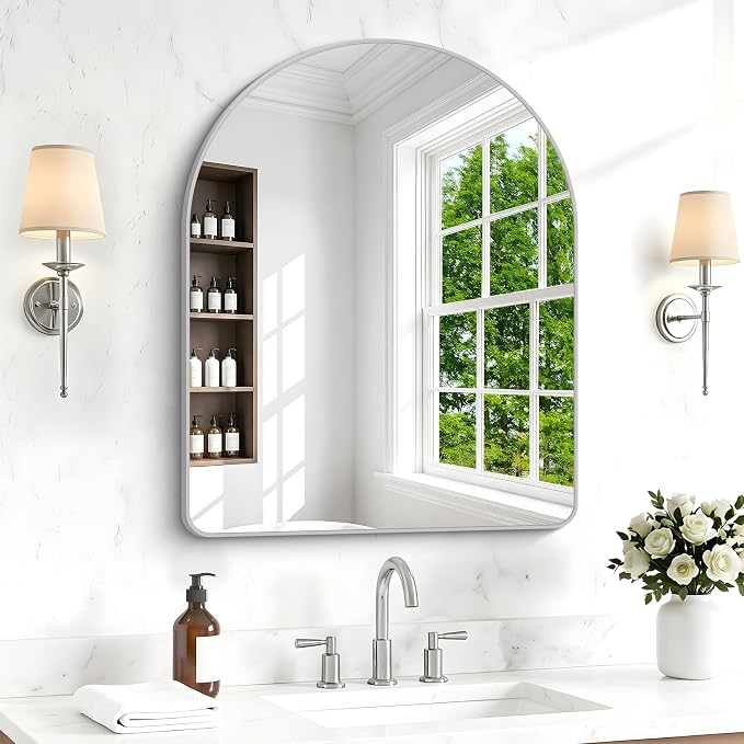 BONEWEI Arched Wall Mirror,30x36 inch Silver Arched Mirror Bathroom,Vanity Mirror for Over Sink Metal Frame,Tempered Glass Arch Mirrors for Bedroom,Entryway,Living Room,Home Decor Shatter-Proof
