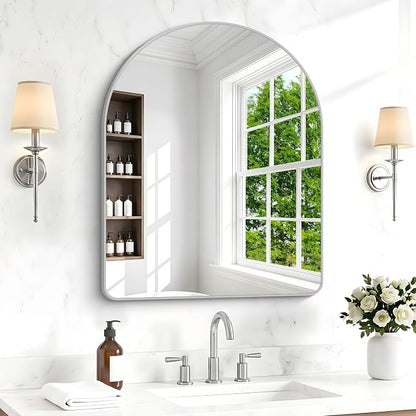 BONEWEI Arched Wall Mirror,30x36 inch Silver Arched Mirror Bathroom,Vanity Mirror for Over Sink Metal Frame,Tempered Glass Arch Mirrors for Bedroom,Entryway,Living Room,Home Decor Shatter-Proof