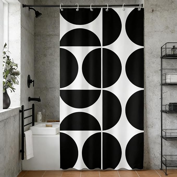 Black and White Mid Century Modern Shower Curtain, Boho Abstract Geometric Retro Art Bath Curtains For Bathroom, Colorful Unique Pattern Waterproof Polyester Fabric Bathroom Set 12 Hooks 36X72IN