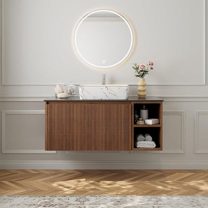 36" Modern Floating Bathroom Vanity with Single Sink - Wall Mounted Storage Bathroom Cabinet with Black Sintered Stone Countertop| Large Storage Space & Open Shelves, Dark Wood