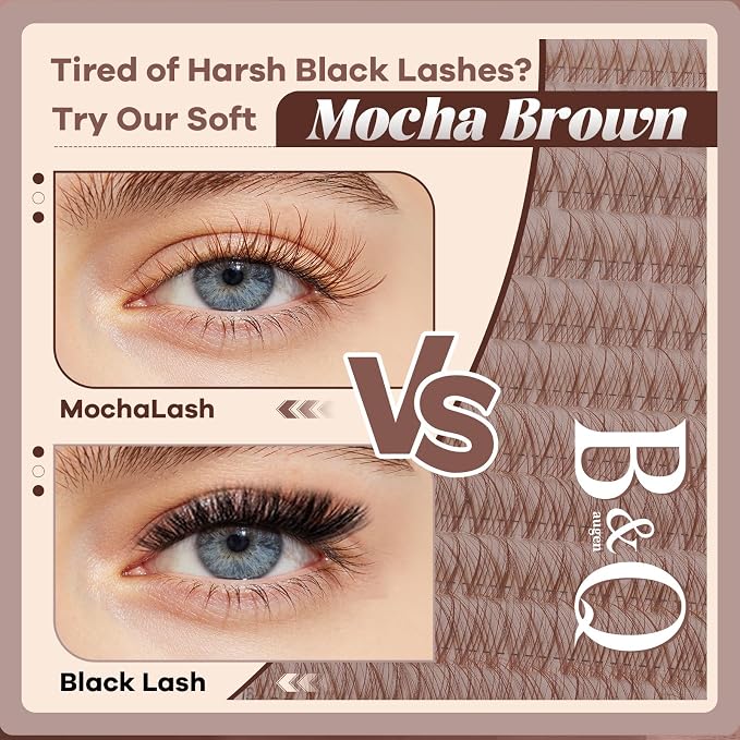 B&Q Brown Lash Clusters Natural Lash Clusters for Light Hair, Reusable MochaLash Cluster Eyelash Extensions Soft Brown False Eyelashes Comfortable Eyelash Clusters Perfect for Occasions（MochaLash 01）
