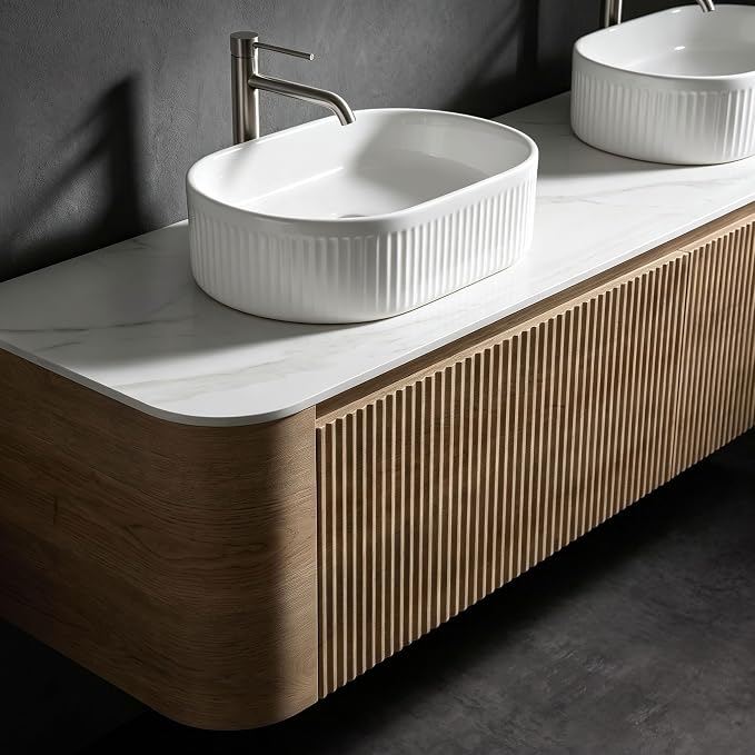 72" Preassembled Double Floating Bathroom Vanity with White Sink, Oak | Mid-Century Modern Style, Fluted & Soft-Close Drawer with U-shaped Wall, Sinterted Stone Countertop, Towel Rack Included