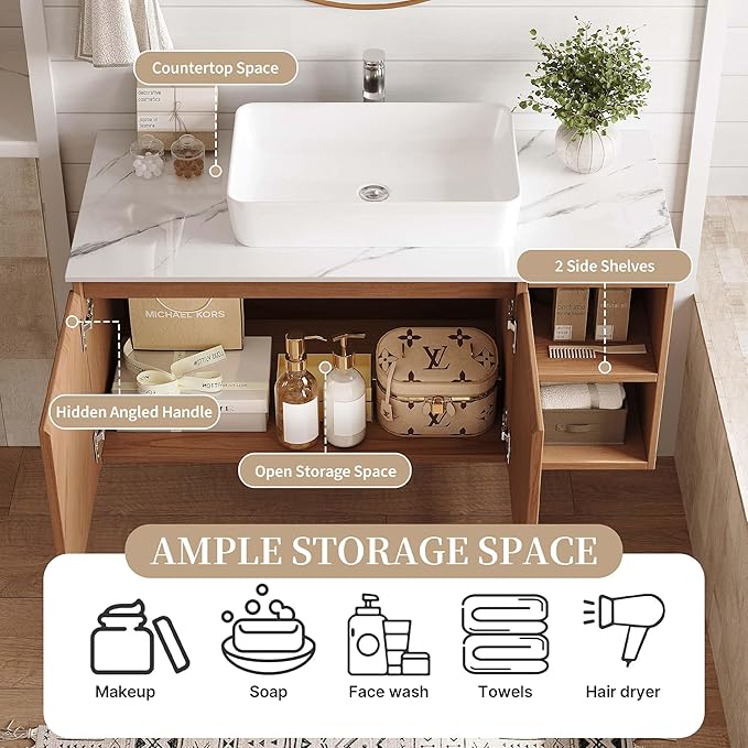 36 Inch Floating Vanity Bathroom with Single Sink, Wall-Mounted Floating Bathroom Cabinet with Sintered Stone Countertop & White Ceramic Basin, Ample Storage and Open Shelves, Light Wood