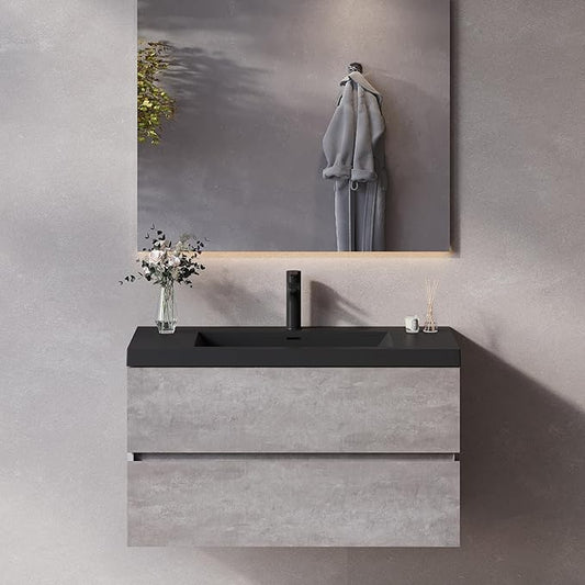 Wall Mounted 42 Inch Bathroom Vanity with Sink, Floating Vanity Bathroom, Single Sink Bathroom Vanity, 2 Drawers, Resin Integrated Sink (Dark Birch)