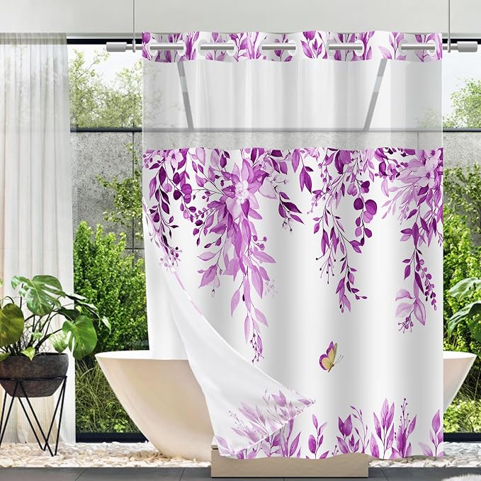 No Hook Shower Curtain and Liner Set, Purple Eucalyptus 71x77 | Floral Design, with Snap in Liner, See-Through Top Window, Waterproof, Machine Washable, Quick-Drying, for Hotel Bathroom