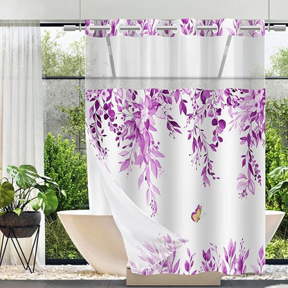 No Hook Shower Curtain and Liner Set, Purple Eucalyptus 71x77 | Floral Design, with Snap in Liner, See-Through Top Window, Waterproof, Machine Washable, Quick-Drying, for Hotel Bathroom