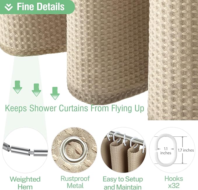 Extra Wide Waffle Shower Curtain 256 GSM Fabric 180x72 Beige/Khaki | 180 Inch Wide, Thick Cloth, Weighted Hem, Water Repellent, Hotel Luxury Polyester Shower Curtain Set for Bathroom 32 Hooks