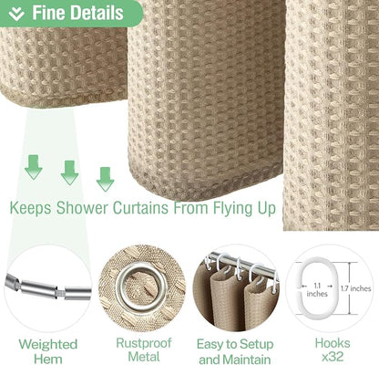Extra Wide Waffle Shower Curtain 256 GSM Fabric 180x72 Beige/Khaki | 180 Inch Wide, Thick Cloth, Weighted Hem, Water Repellent, Hotel Luxury Polyester Shower Curtain Set for Bathroom 32 Hooks