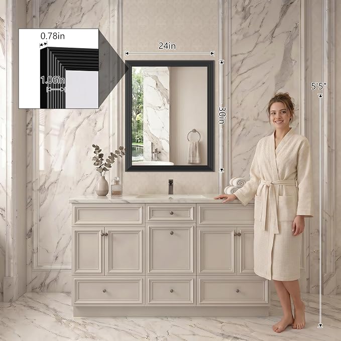 DESBING 24"x30" Black Bathroom Mirrors for Over Sink | 3MM Tempered Glass, Metal Frame, Rectangle Vanity Wall Mirror for Bathroom, Living Room, Bedroom, Horizontally or Vertically