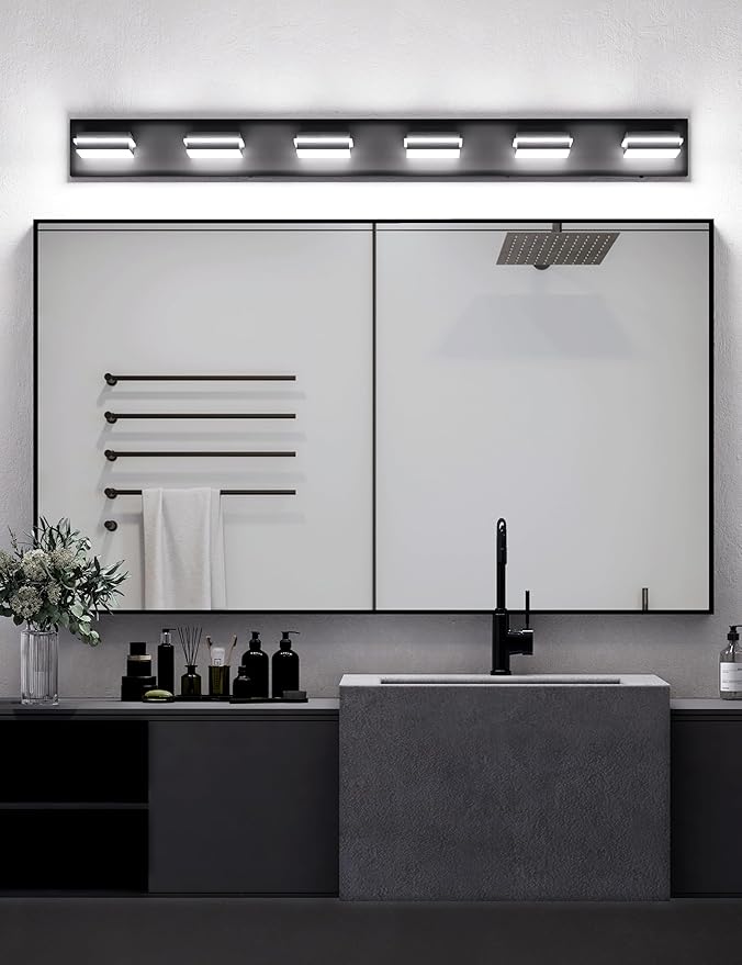 VOLISUN Modern Bathroom Vanity Light Fixtures (6-Light, 48-Inch), 5CCT Dimmable Lighting Fixtures Over Mirror, 360 Rotatable Head, Black LED Vanity Lights