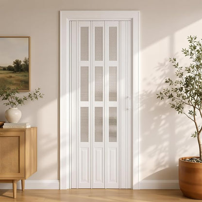 SMARTSTANDARD 32"x 80" Accordion Door with Grid Frosted Acrylic Glass,White | Double Walled PVC Folding Accordion Closet Door for Bedroom Bathroom, Save Space, Full-Side Magnetic Strip, Easy to Install