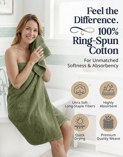 LANE LINEN Large Bath Towel Set Absorbent Quick Dry 100% Cotton - Oil Green | Soft Cotton Towels - Fade-Resistant Color, Classic Terry Weave, Densely Woven & Durable, Easy-Care, Coordinated Colors