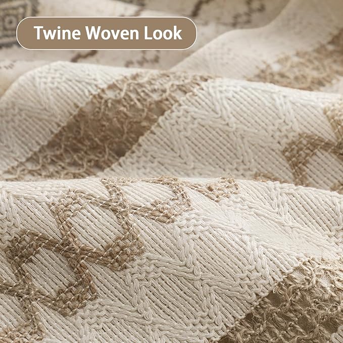 Natural Linen Boho Shower Curtain,72" W x 72" L | Linen Striped Print and Twine-Inspired Woven Center for Bathroom