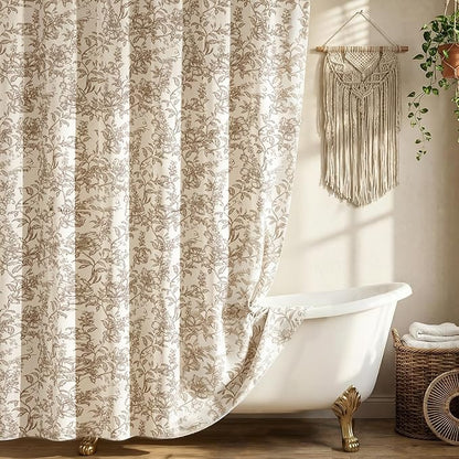 Farmhouse Brown Floral Shower Curtain with 12 Clear Rings 72"W x 84"L | Boho Fabric Faux Linen Shower Curtain Set, Vintage Cottagecore Shower Curtain for Bathroom