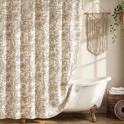 Farmhouse Brown Floral Shower Curtain with 12 Clear Rings 72"W x 72"L | Boho Fabric Faux Linen Shower Curtain Set, Vintage Cottagecore Shower Curtain for Bathroom