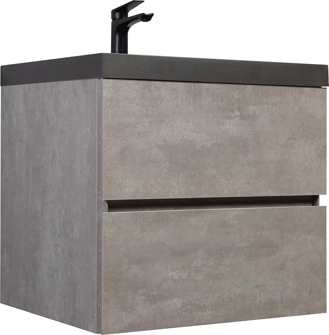 24" Floating Bathroom Vanity with Sink, Modern Wall-Mounted Bathroom Storage Vanity Cabinet with Two Black Quartz Sand Top Basins and Four Soft Close Drawers, Cement Grey