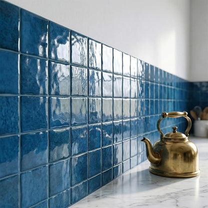Ocean Blue 4 Sheets 6x6 Inch Peel and Stick Subway Tile Backsplash, Self Adhesive Wall Tiles for Kitchen Bathroom, Thick Waterproof Heat Resistant, Easy Install No Grout, Renter Friendly