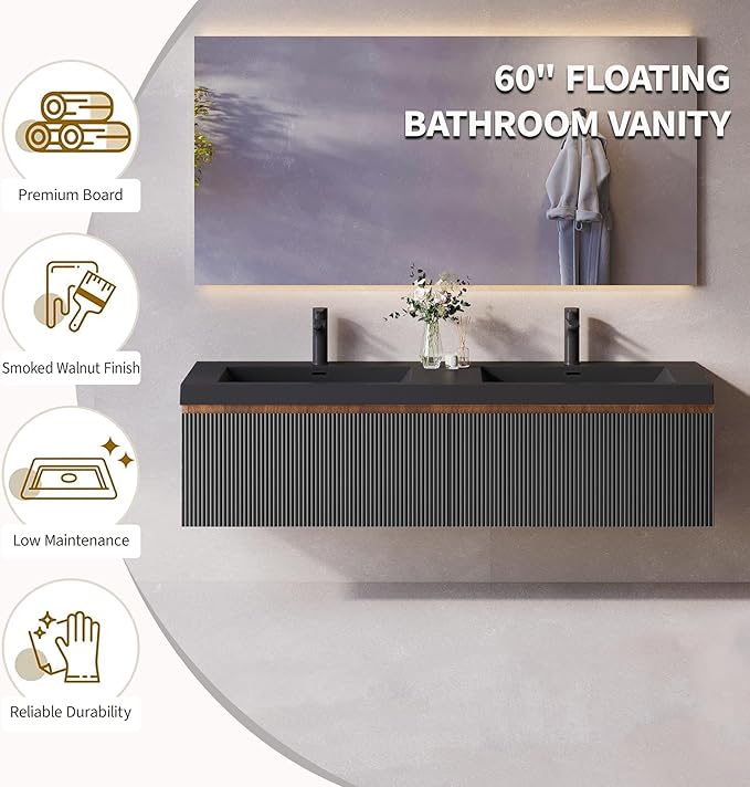 60'' Floating Bathroom Vanity with Sink Combo, Modern Wall-Mounted Striped Bathroom Storage Cabinet with Soft-Close Drawers and Double Quartz Sand Basins, No Assembly Required