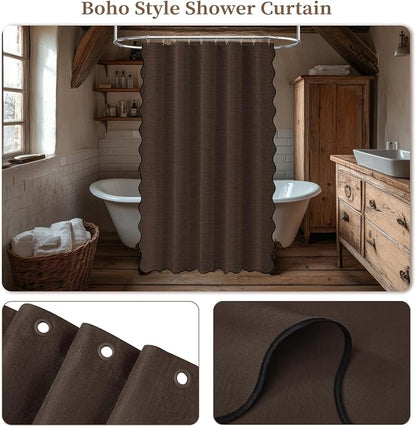 BTTN 54x78 Boho Scalloped Linen Textured Cloth Shower Curtain Set, Brown | Narrow Long Size, 230GSM Waterproof Polyester, Heavy Duty Fabric, 10 Plastic Hooks, Elegant Farmhouse Style, Machine Washable