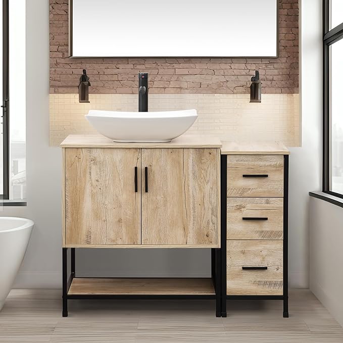 UEV 42" Rustic Oak Bathroom Vanity with Sink Combo,Industrial Iron Frame Bathroom Cabinet Sets with 3 Drawers Side Cabinet,Modern Artistic Ceramic Vessel Sink(032WH)