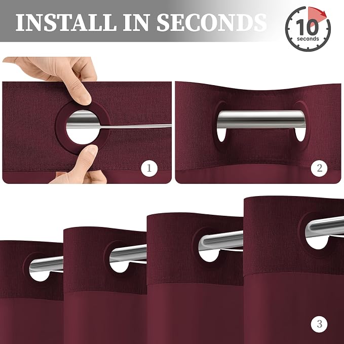 Burgundy Ringless Linen Look Shower Curtain with Snap in Liner, 72x75 | 3 in 1 Hotel Shower Curtain Set, Removable Liner, Waterproof & Washable, Mesh Top Window, Durable Fabric, Easy to Install