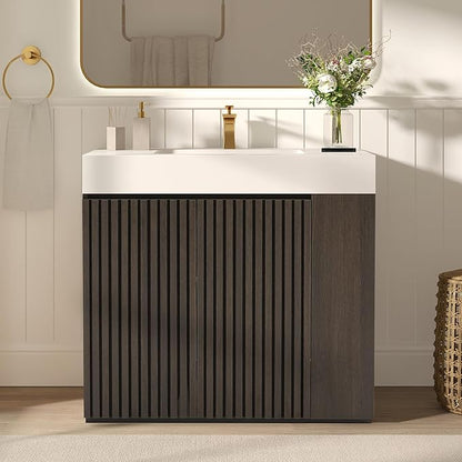 36" Bathroom Vanity with Sink, Freestanding Single Sink Bathroom Vanity with White Engineered Stone Top & Open Side Storage, Soft-Closing Doors with Adjustable Shelf, Smoked Oak Brown
