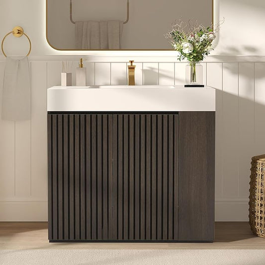 36" Bathroom Vanity with Sink, Freestanding Single Sink Bathroom Vanity with White Engineered Stone Top & Open Side Storage, Soft-Closing Doors with Adjustable Shelf, Smoked Oak Brown