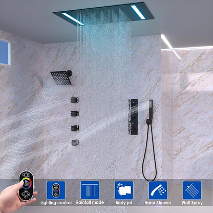 Luxury Thermostatic Digital Dual Heads Shower System Matte Black Full Bdoy Spray Shower Faucet Set with 20x14in LED Rainfall Showerhead and 6in Wall Shower, 4 Body Jets with Shut-off, Brass Handheld