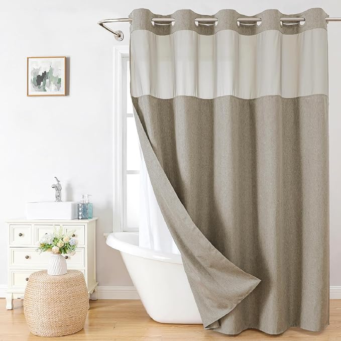 eachope No Hook Fabric Shower Curtain with Snap-in Liner,71x80 Khaki/Tan | Linen Texture,230GSM Thick Fabric,Hotel Luxury Decor,Mesh Window,Bottom magnetic ,Waterproof & Machine Washable,for Bathroom